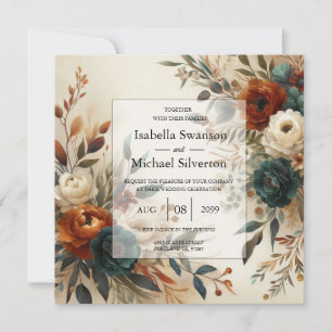 Invitation Mariage Fleurs d'Automne Orange Brûlé et Bleu 