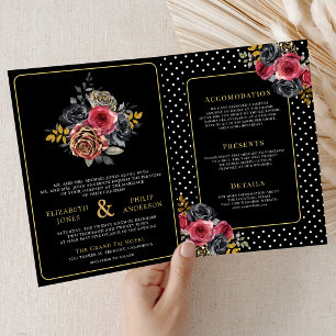 Invitation Mariage Fleurs de Bourgogne Tout en Un Noir