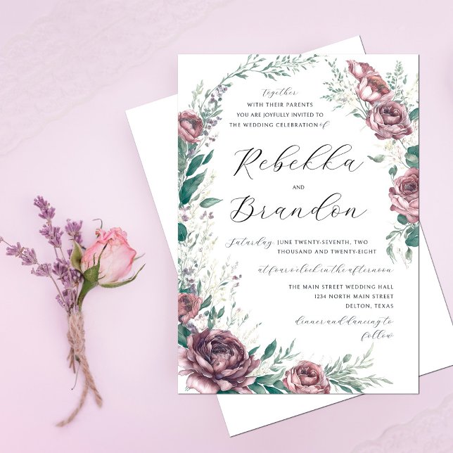 Invitation Mariage Fleurs de Paon Rose Poussiéreux Émeraude (Créateur téléchargé)