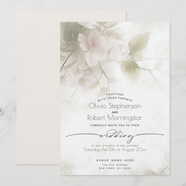 Invitation MARIAGE Fleurs de pêcher rose blush (Devant / Derrière)