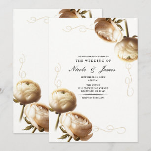 Invitation Mariage Fleurs de Ranunculus Crème et Blanc