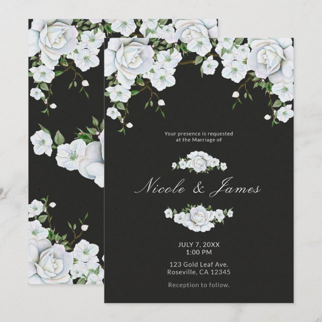 Invitation Mariage Fleurs de Roses Blanches et Gris Charbon (Devant / Derrière)