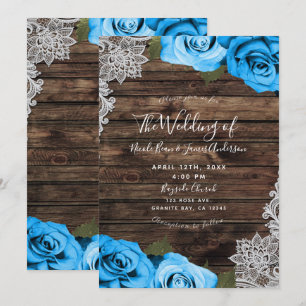 Invitation Mariage Fleurs de Roses Bleu Clair Bois Rustique D
