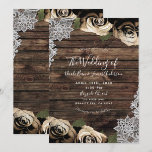 Invitation Mariage Fleurs de Roses Glamour Or Bois Rustique D