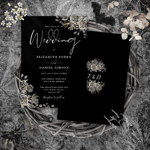 Invitation Mariage Fleurs de Roses Gothiques Noir et Blanc