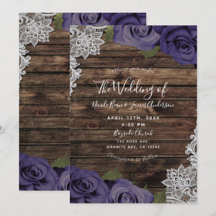 Invitation Mariage Fleurs de Roses Violettes Aubergine & Dent