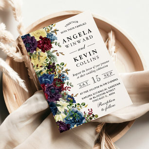 Invitation Mariage Fleurs d'Hiver Rouge et Marine