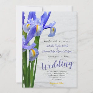 Invitation Mariage Fleurs d'Iris Bleu Royal Moderne Points Bl