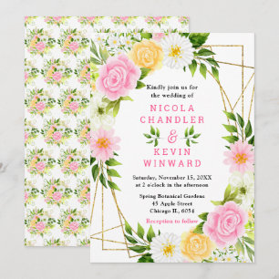 Invitation Mariage Fleurs et Feuillage Rose et Jaune d'Été