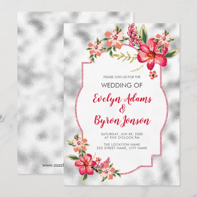 Invitation Mariage Fleurs Et Verre Gris Clair (Devant / Derrière)