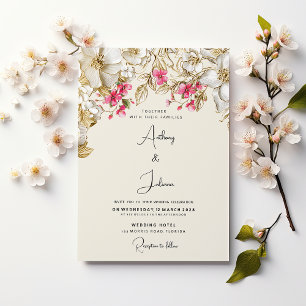 Invitation Mariage fleurs or blanc rose ivoire de luxe