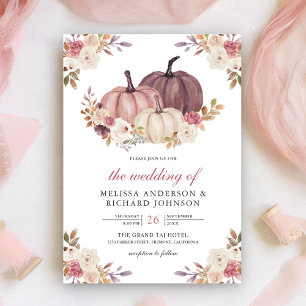 Invitation Mariage Fleurs Rose Poussiéreuse et Citrouille et
