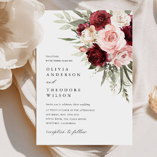 Invitation Mariage Fleurs Roses Florales Rose Teinté de Bourg