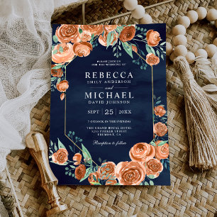 Invitation Mariage Fleurs Roses Orange Brûlé Terne Bleu Marin