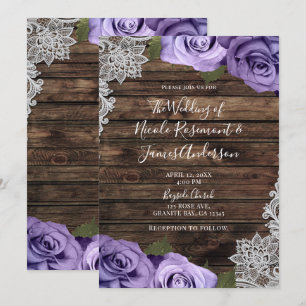 Invitation Mariage Fleurs Roses Violettes Bois Rustique et De