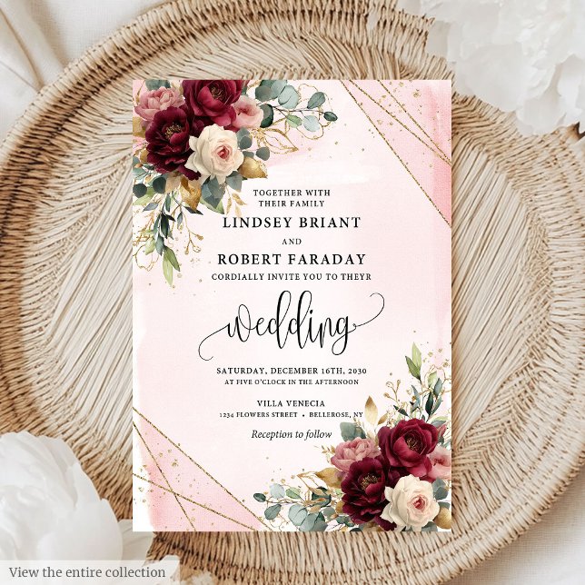 Invitation Mariage Fleurs Rouge Foncé Doré Tendance Bohème Ro (Trendy Boho Dark Red Gold Blush Flowers Wedding Invitation)