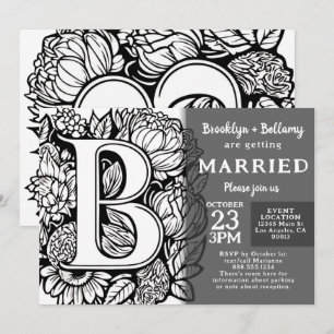 Invitation Mariage Fleurs Tatouage Monogramme Noir et Blanc