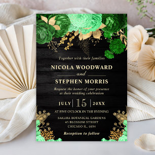 Invitation Mariage Fleurs Vertes et Dorées Aquarelle Rustique