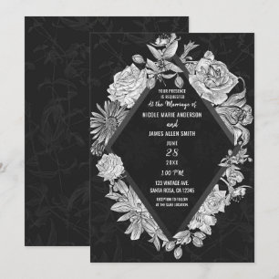 Invitation Mariage Fleurs Vintage Diamant Noir Élégant