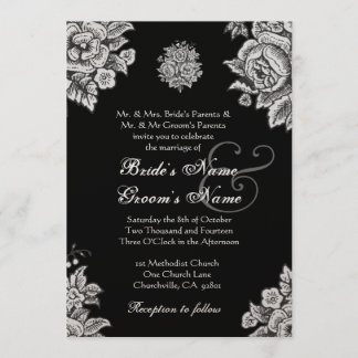Invitation Mariage Fleurs Vintages en argent et noir