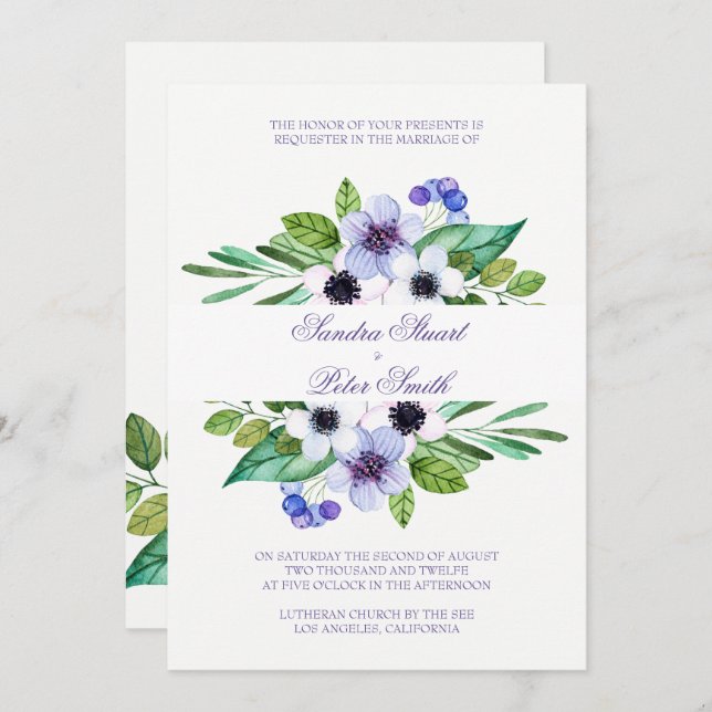 Invitation Mariage Fleurs Violettes Et Roses Simples (Devant / Derrière)