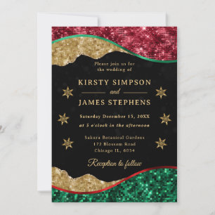 Invitation Mariage flocon de neige élégant vert rouge et or