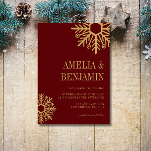 Invitation Mariage flocon de neige simple Bourgogne et or ant