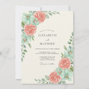 Invitation Mariage Floraison Botanique Menthe Corail