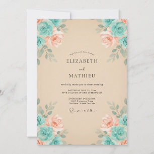 Invitation Mariage Floraison Romantique pêche sarcelle