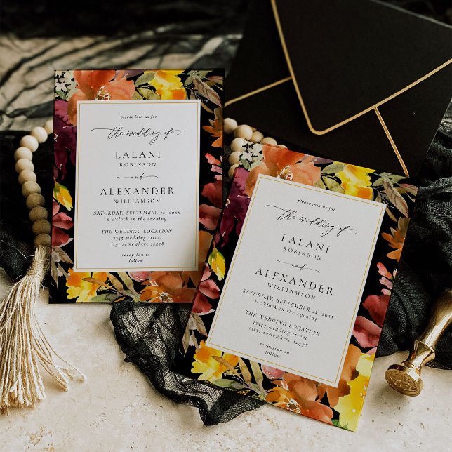 Invitation Mariage floral à automne orange et jaune -3 noir (Créateur téléchargé)