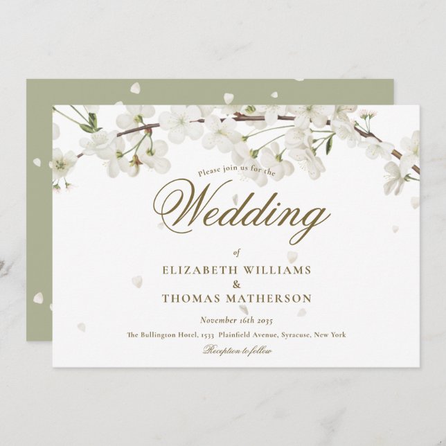 Invitation Mariage floral à fleurs blanches en or Script (Devant / Derrière)