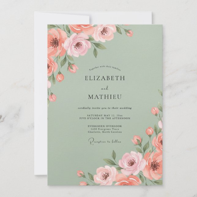 Invitation Mariage Floral à la Fleur de Sauge Rose (Devant)