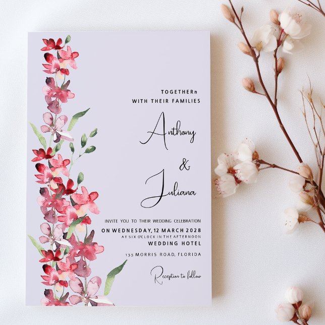 Invitation Mariage floral à la menthe rose lavande (Lavender pink burgundy mint floral Wedding )