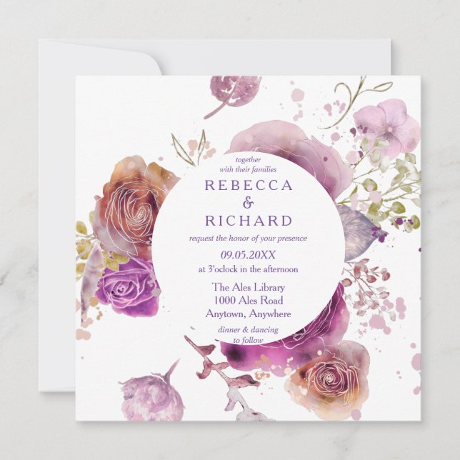 Invitation Mariage floral à l'aquarelle de lavande (Devant)