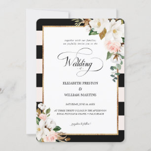 Invitation Mariage floral à rayures noires et Magnolia