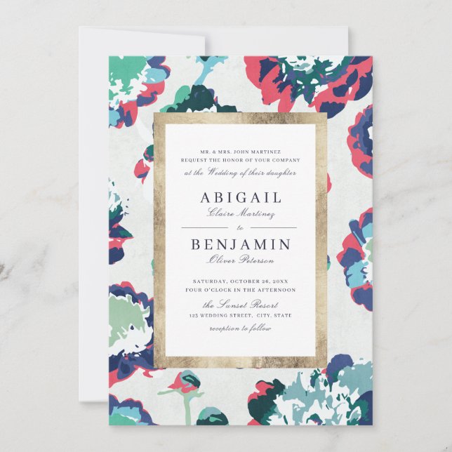 Invitation Mariage floral abstrait or vert classique (Devant)