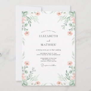 Invitation Mariage Floral Aérien Pêche Sauge