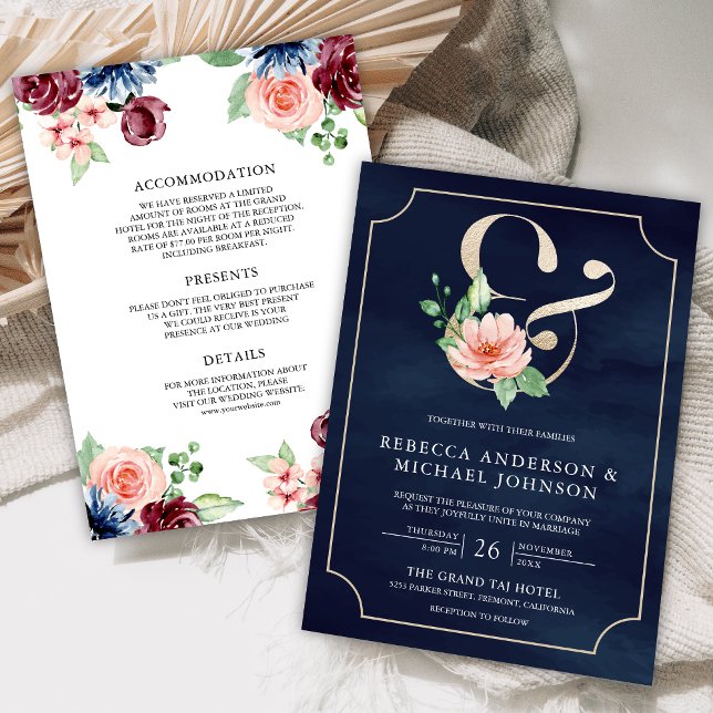 Invitation Mariage Floral Ampersand bleu de la Marine rose (Créateur téléchargé)