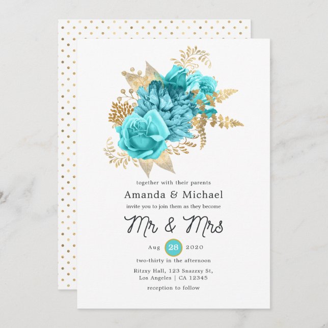 Invitation Mariage Floral Aqua et Gold (Devant / Derrière)