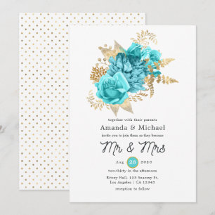 Invitation Mariage floral Aqua et Or