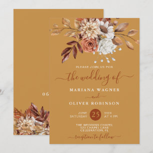 Invitation Mariage Floral Aquarelle Automnal sur Fond Doré