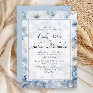 Invitation Mariage Floral Aquarelle Blanc Bleu Poussiéreux