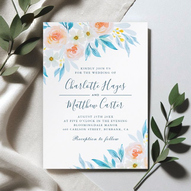 Invitation Mariage Floral Aquarelle Blanc Et Bleu Moderne (Créateur téléchargé)