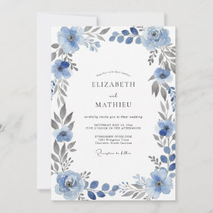 Invitation Mariage Floral Aquarelle Bleu Acier