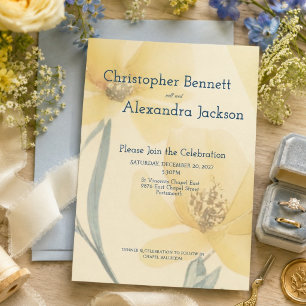 Invitation Mariage Floral Aquarelle Bleu Douce Jaune Pâle