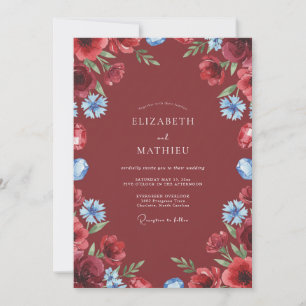 Invitation Mariage Floral Aquarelle Bleu Grenat