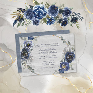 Invitation Mariage floral aquarelle bleu marine gris argent