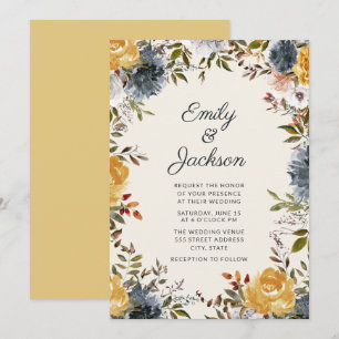 Invitation Mariage Floral Aquarelle Bleu Marine Jaune Mignon