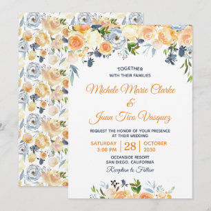 Invitation Mariage Floral Aquarelle Bleu Nuit Corail et Pêche