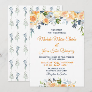 Invitation Mariage Floral Aquarelle Bleu Nuit Corail et Pêche
